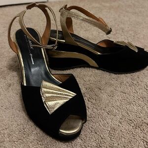Re-mix Fanfare black suede and gold leather 1930’s inspired wedge